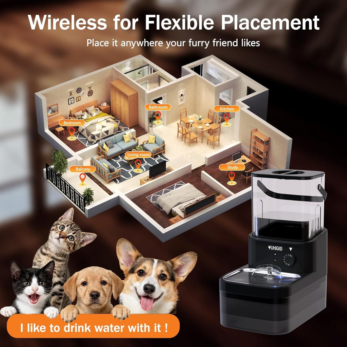 Wireless Cat Water Fountain, Wastewater Separation No Filter Cotton 3L Automatic Cat Water Dispenser Ultra Quiet Stainless Steel Pet Water Fountain for Cats Small Dogs Multiple Pets Indoor