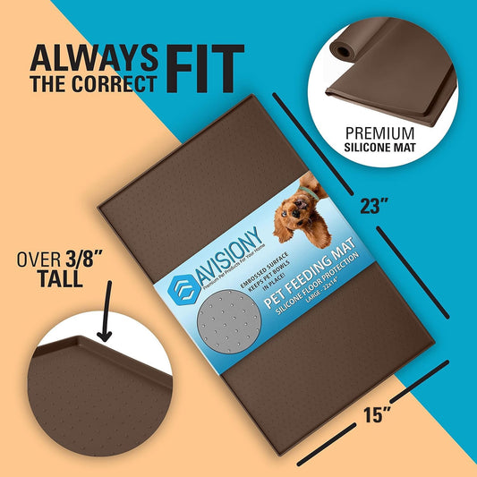 Waterproof Raised Edge BPA Free Silicone Pet Feeding Mat, 23x15 Dishwasher Safe Food Mat Contains Spills & Protects Floors, Placemats for Cats and Dogs Water Bowl, Pets Accessories Brown