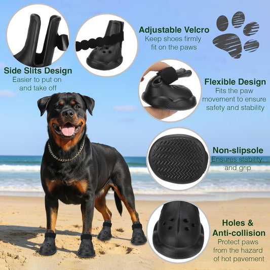 Dog Shoes for Hot Pavement & Snow - Waterproof, Non-Slip Dog Booties with Adjustable Straps. Breathable & Easy-Clean Paw Protectors, Easy ON/Off for Beach, Hiking All Seasons (Black, XL)