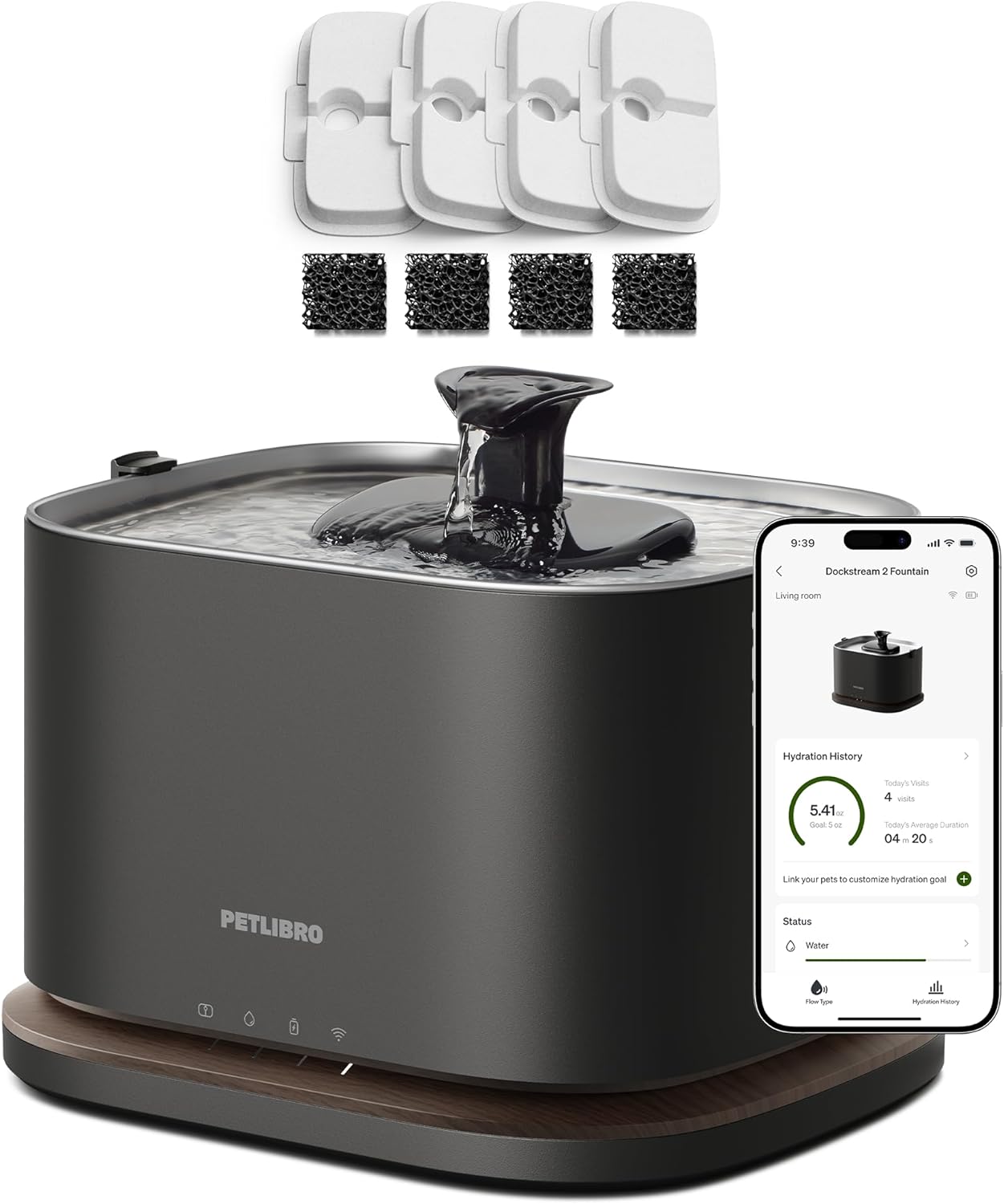 PETLIBRO Upgrade Cordless Cat Water Fountain + 4 Packs Cat Fountain Filter Replacement, App Monitoring 3L/101oz Dockstream 2 Pet Water Fountain with Stainless Steel Tray, 2-Month Set Easy-Swap