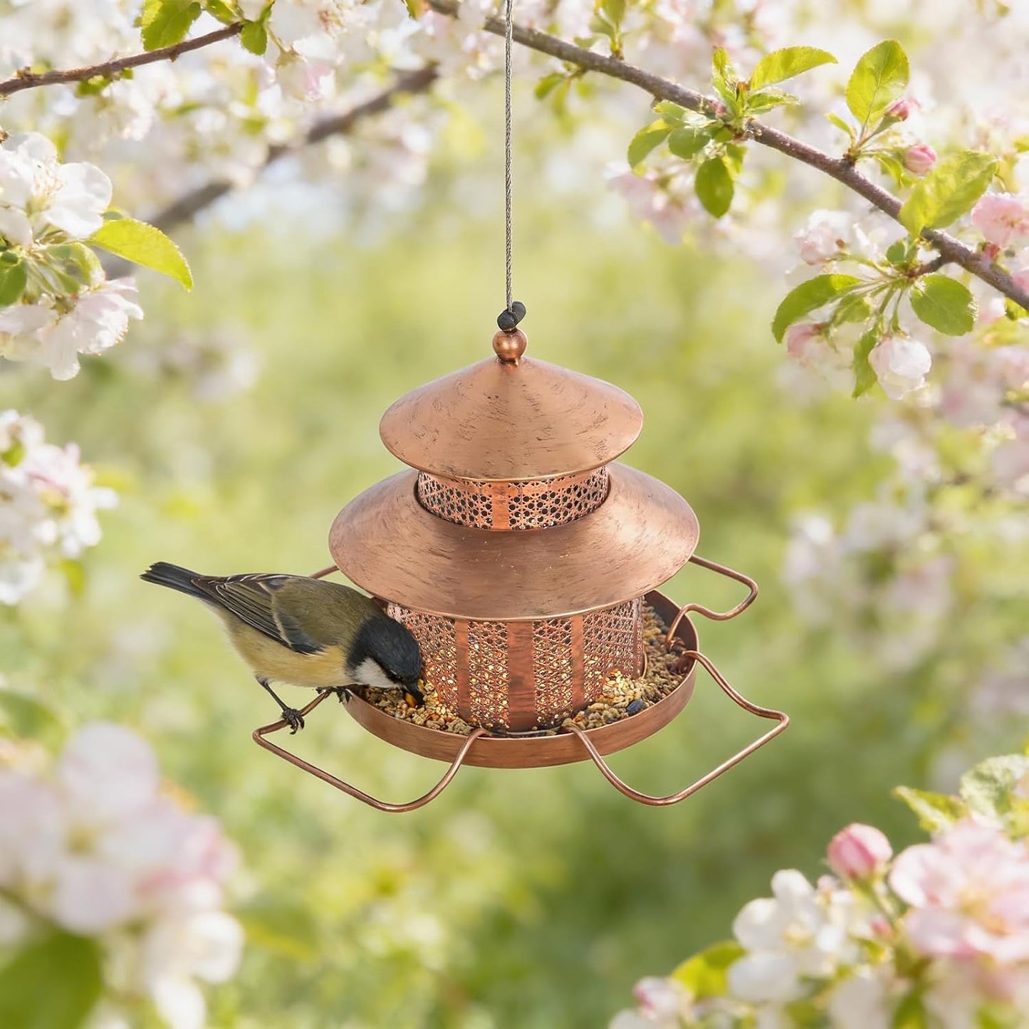 Bird Feeder for Outdoors Hanging, 1.5LB Capacity with 4 Perches, Heavy Duty Metal Wild Bird Feeders for Garden, Yard, Balcony,Easy to Clean and Refill,Vintage Copper