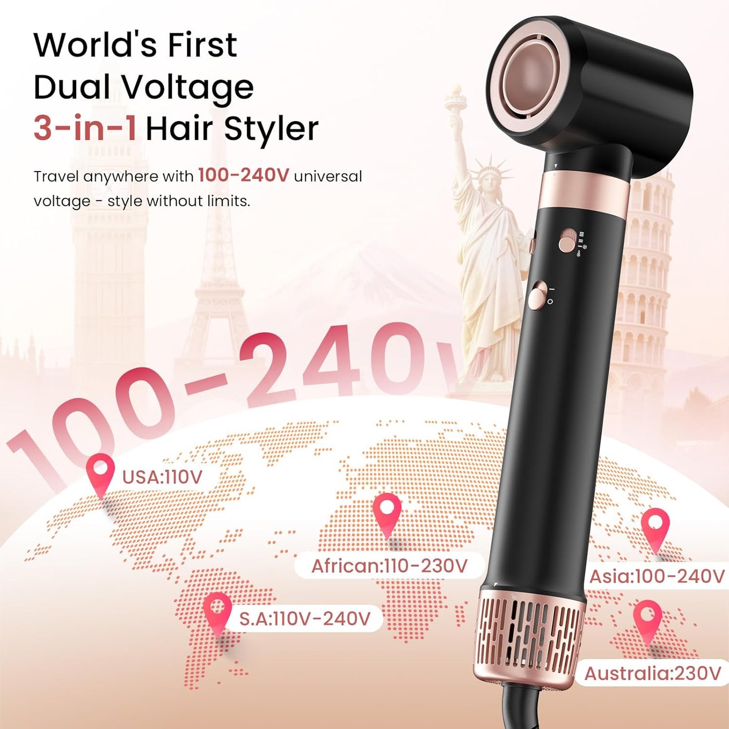 Dual Voltage 3 in 1 Hot Hair Styler – High-Speed Hair Dryer with Air Styler with Long Barrel Air Styler, European Hair Tools Styling, Fast Drying and Quick Styling, Travel Case,Gifts for Women
