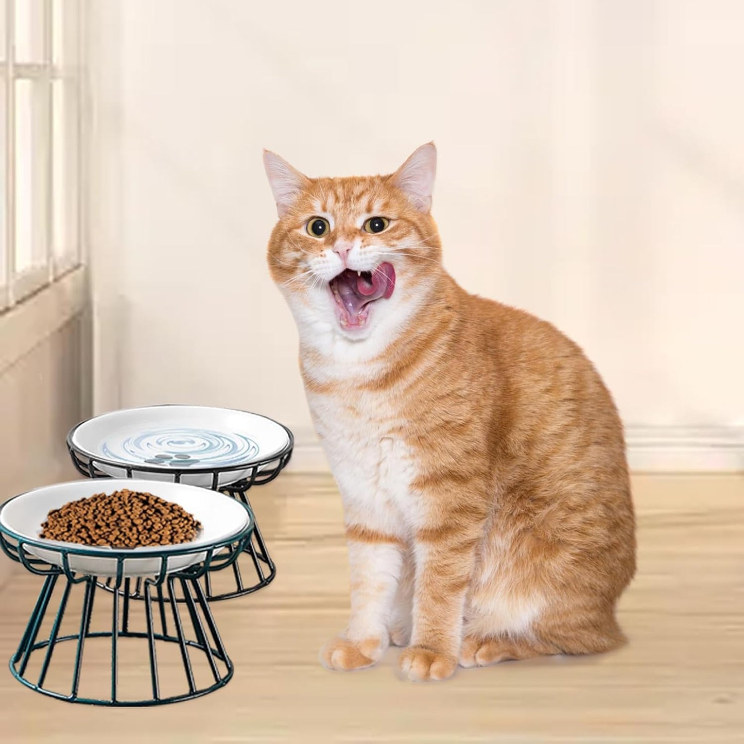 Ceramic Cat Bowls with Metal Stand,2 Pack Elevated Cat Bowl Raised Kitten Food&Water Feeding Shallow Dish for Indoor Cats,Puppies,Small Dogs