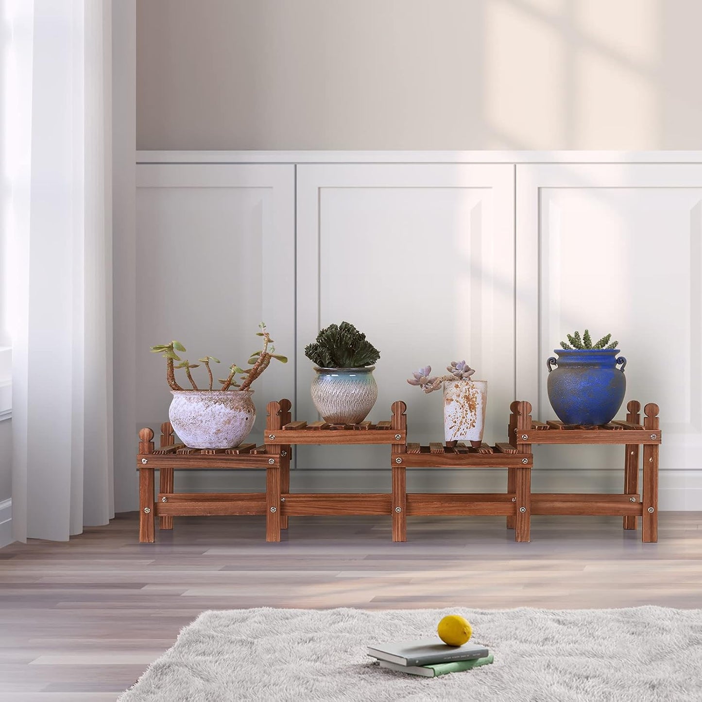 Wood Plant Stand Indoor Outdoor,4 Tiers Plant Stand Bench Indoor,Low Window Plant Shelf Small Long Flower Pot Stand for Multiple Plants (11.8"-44'')
