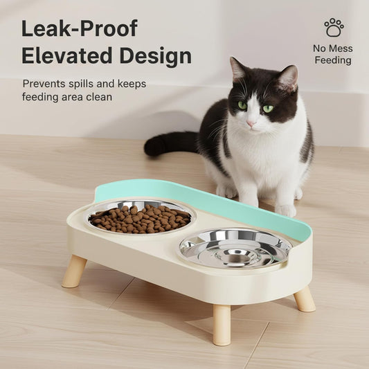 2-Pack Cat Bowl Set, Elevated Cat Food and Water Bowl with Non-Slip Stand, Stainless Steel Double Feeder with Anti-Spill Design for Cats and Small Dogs