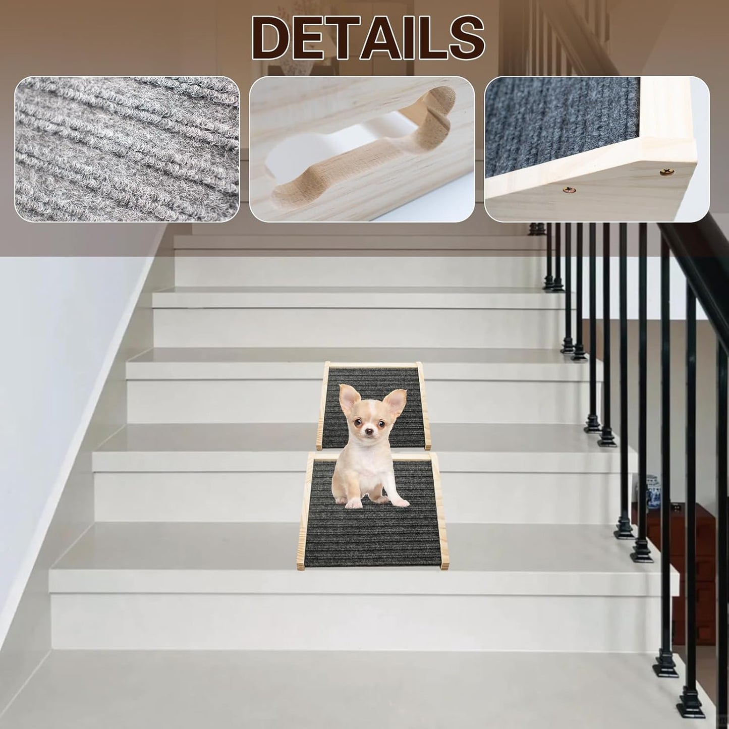 Dog Ramp for Stairs, Wooden Low-Angled Pet Ramps with Anti-Slip Carpet Surface, Step and Stair Assist for Small Medium Dog & Cats, Injured & Aged Pets (1 Pack)