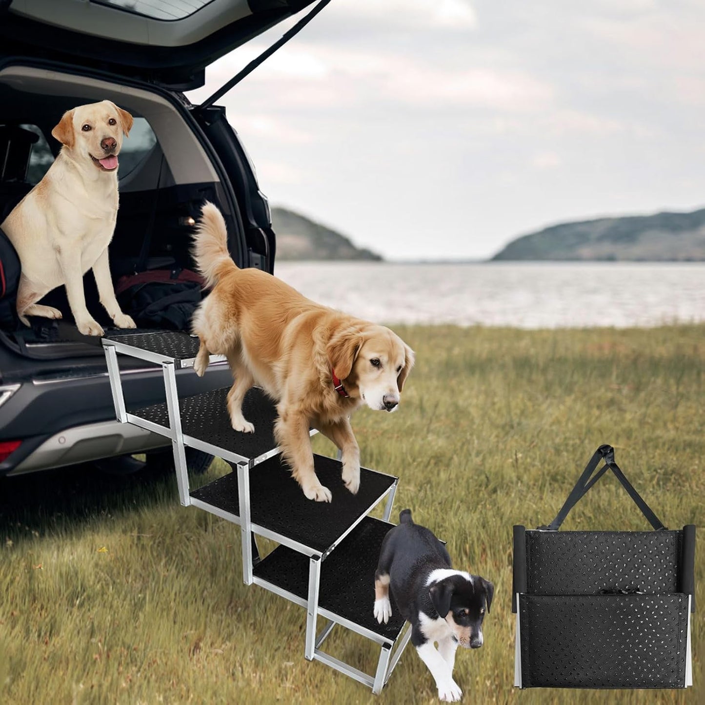Extra Wide Dog Steps for Car: Folding Large Dogs Ramp & Ladder for SUV & Truck - Foldable & Portable High Bed Stairs for Small & Medium Pet