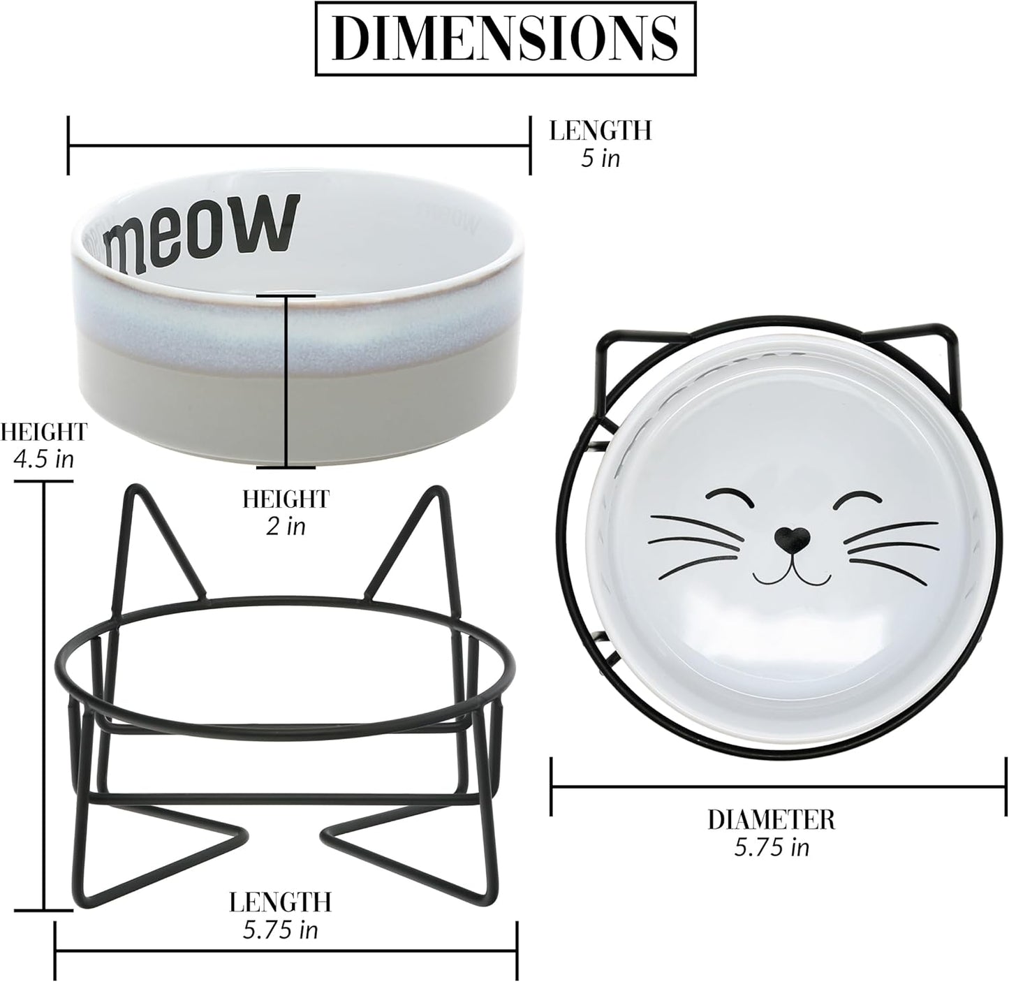Pavilion Gift Company - Meow - Kitty Cat Kitten Feline 13 oz Food Water Meal Time Ceramic Stoneware Dish Bowl With Metal Iron Stand Pet Accessories Whisker Friendly Indoor Outdoor Easy To Clean
