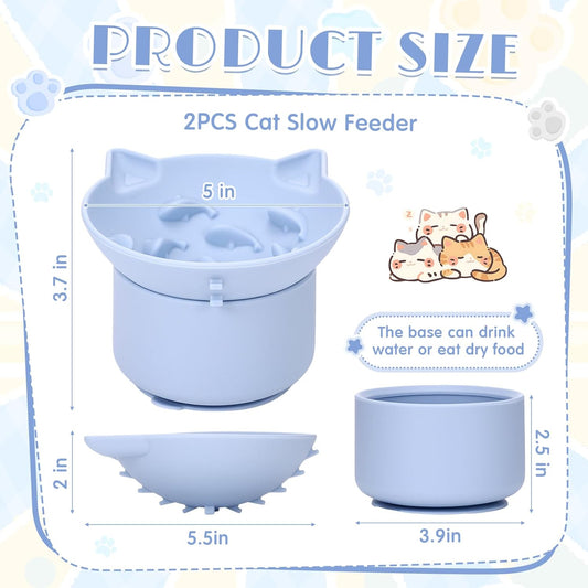 2 Pack Silicone Cat Slow Feeder, Elevated Slow Feeder Cat Bowl for Dry and Wet Food, Tilted Design with Non Slip Base, Adjustable Angle for Pet(Green and Blue)