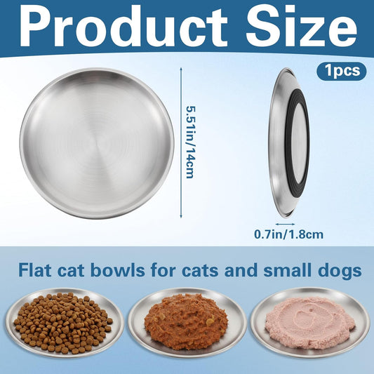 Stainless Steel Cat Bowls Dishes, Flat Metal Shallow Wide Whisker Friendly Cats Food Water Feeding Bowl Plate with Non-Slip Silicone Ring, Indoor Pet Kitten Small Dog Food Tray, Dishwasher Safe(5.5")