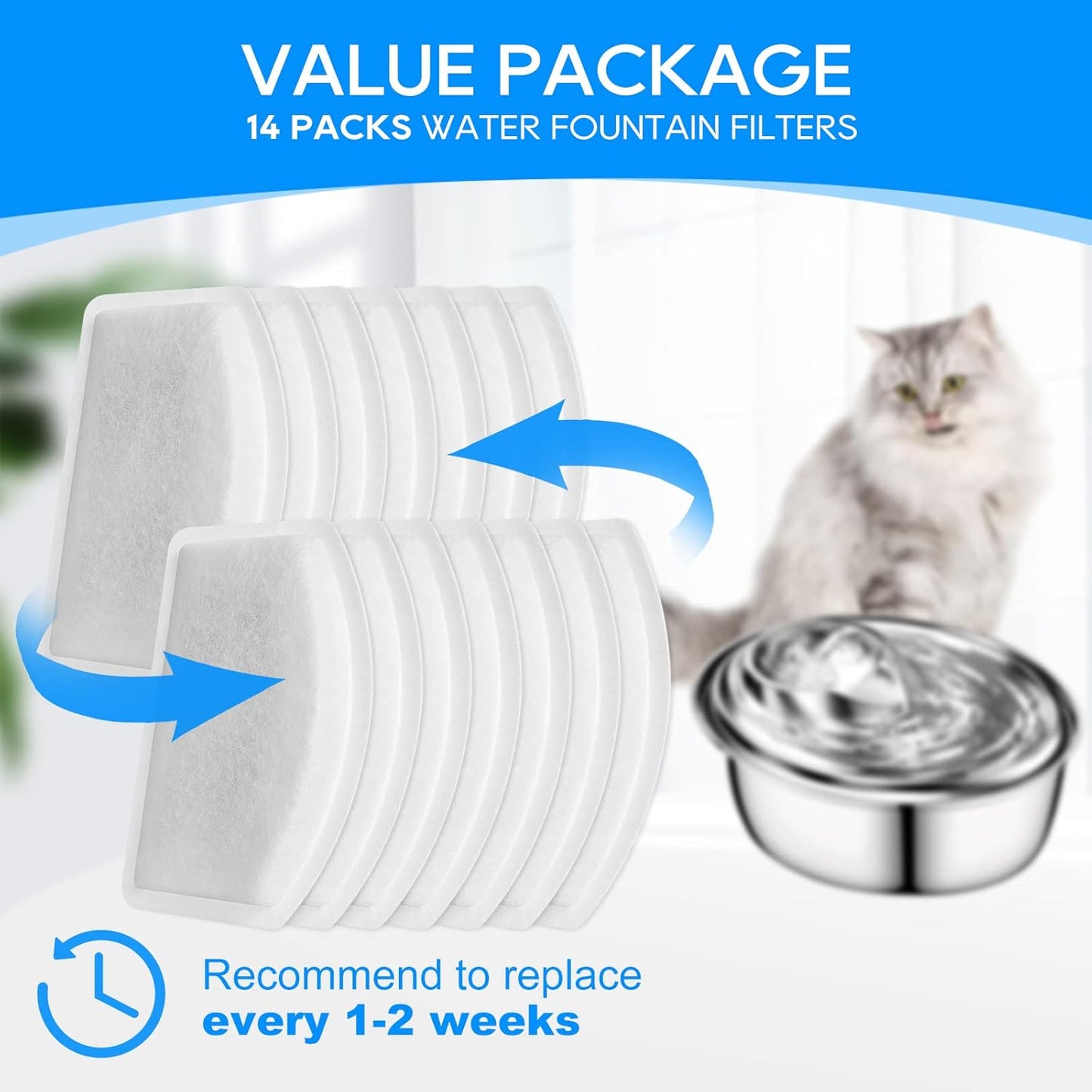 Cat Water Fountain Filter Replacement Compatible with ORSDA D60 100oz/3L, Pet Fountain Filter Replacement for Automatic Pet Dog Water Dispenser 14 Pack