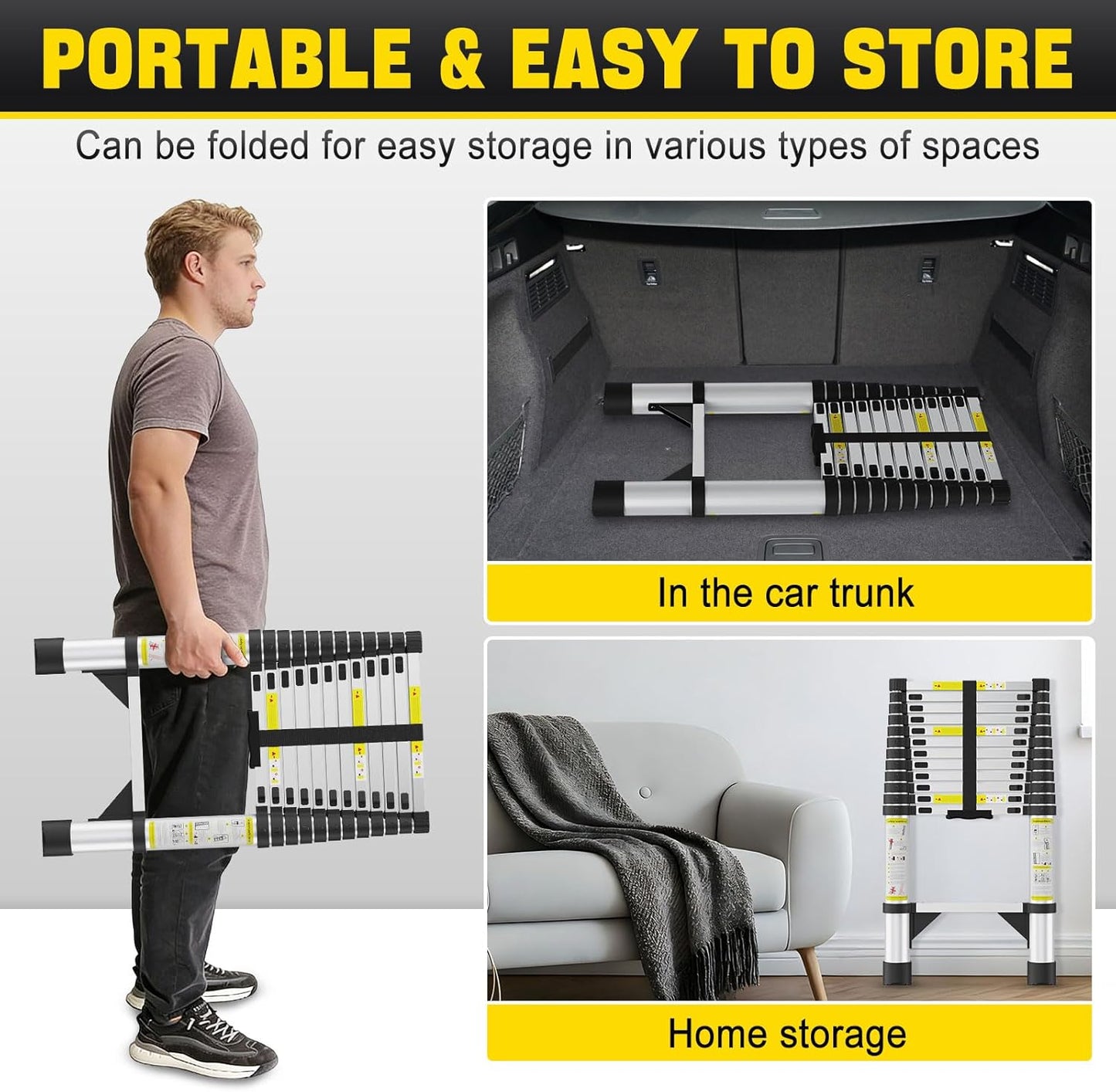 Telescoping Ladders,12.5 FT Aluminum Telescopic Ladder with Triangle Stabilizers and Non-Slip Feet,Portable Collapsible Extension Ladder for Home,RV,Outdoor Work,330lbs Max Capacity