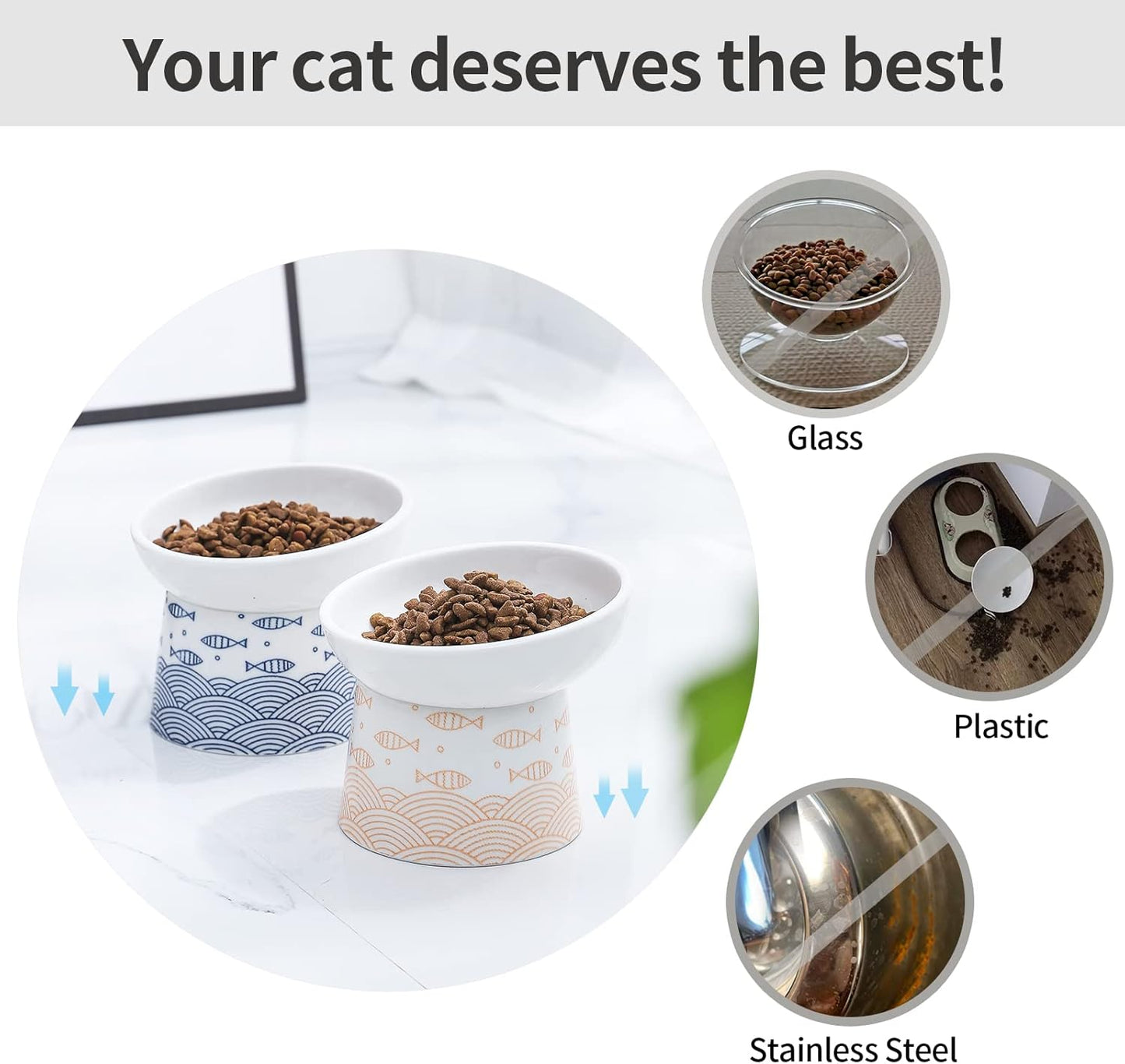 TAMAYKIM Tilted Ceramic Elevated Cat Bowls, Food and Water Raised Bowl Set for Kitty Cats and Small Dogs, Porcelain Elevated Stress Free Feeding Pet Bowl Dish, Set of 2