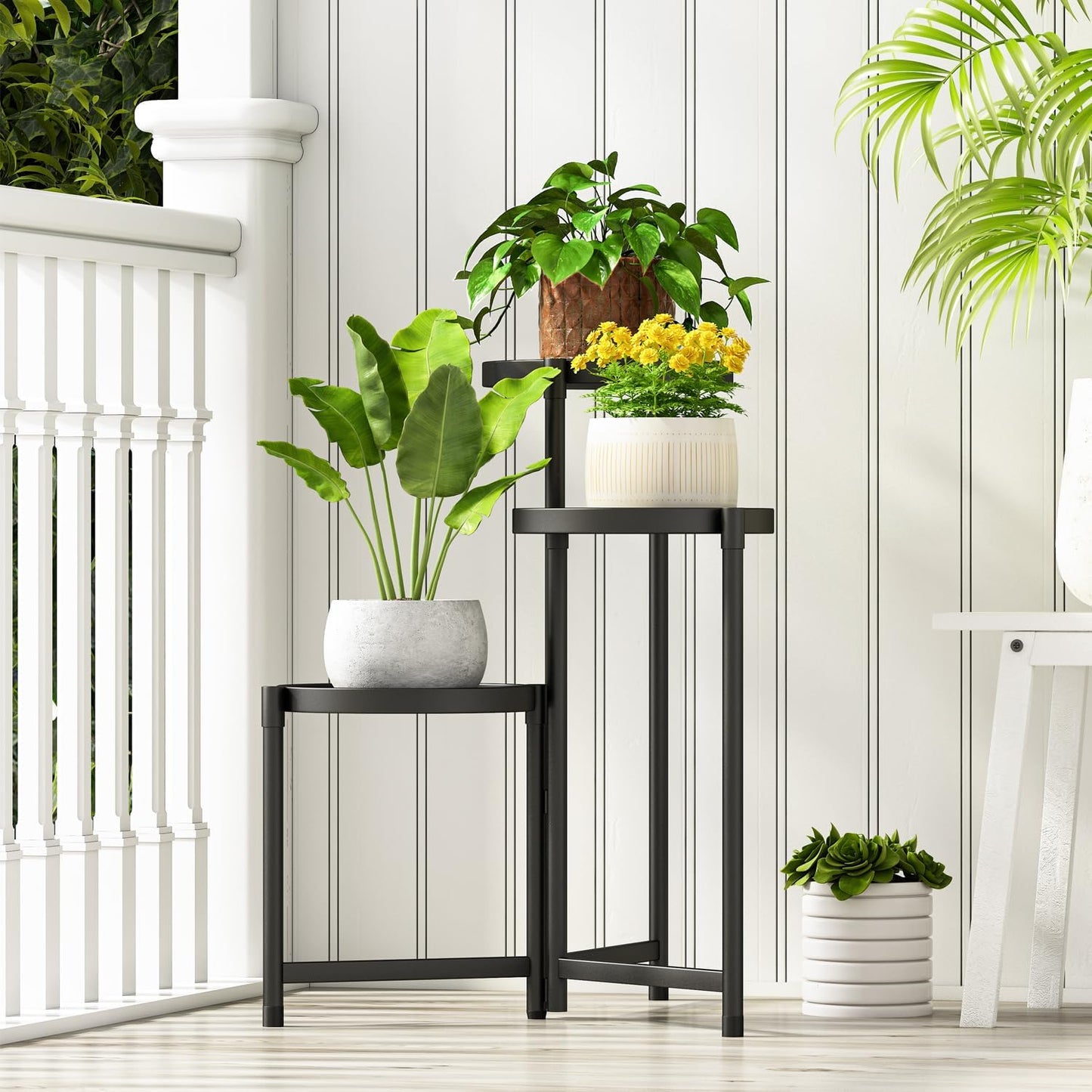 Plant Stand indoor outdoor-3 Tier black Tall Metal Flower Pot Holder 9in Wide Potted Display Rack - Heavy Duty Corner Plant Shelf for Patio Garden Balcony Living Bedroom Room