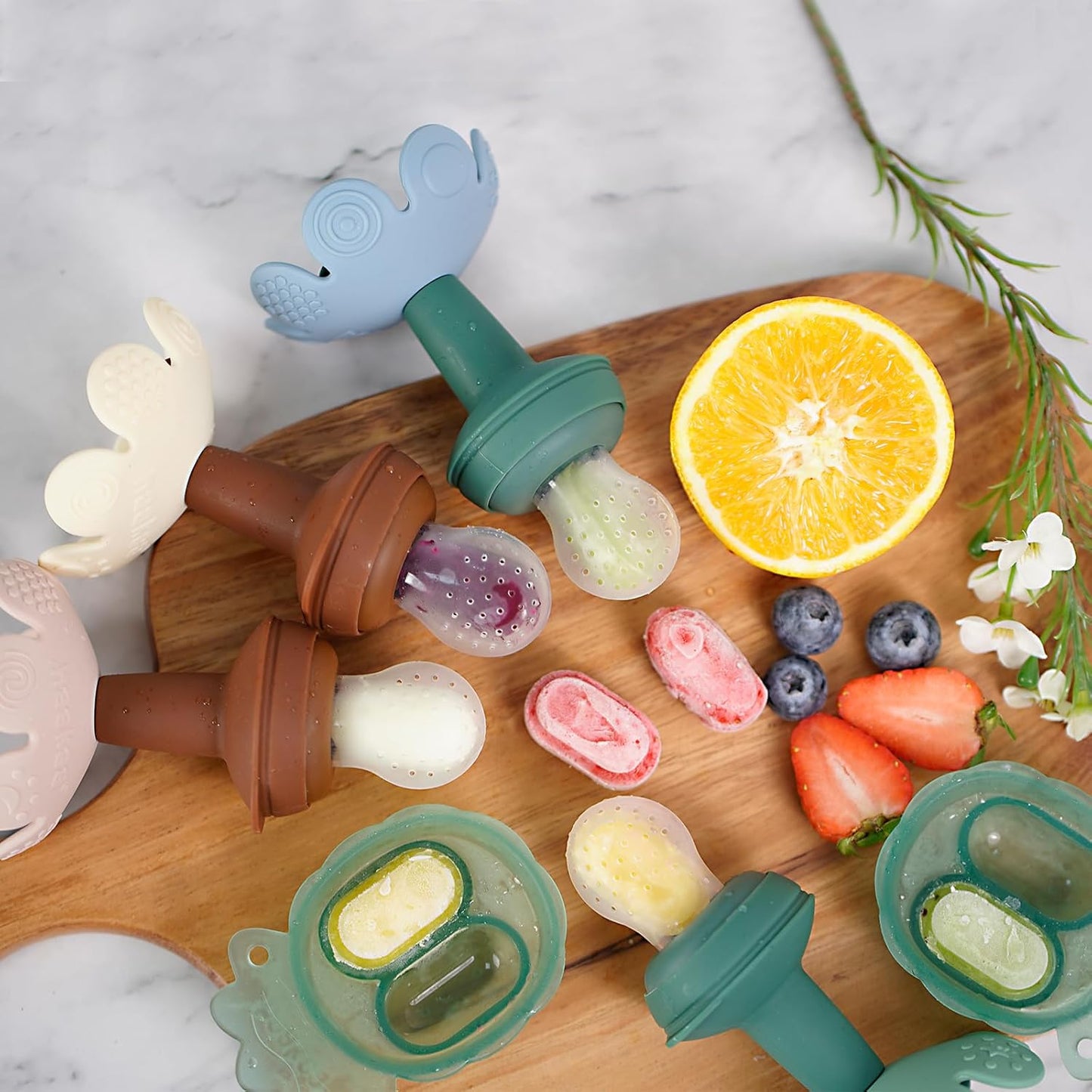 Haakaa Flower Baby Fresh Fruit Food Feeder with Mini Freezer Nibble Tray, Breastmilk Popsicle Mold for Baby Cooling Relief, Food Grade Silicone Baby Mesh Feeder for Infants 4M+ (SkyBlue)