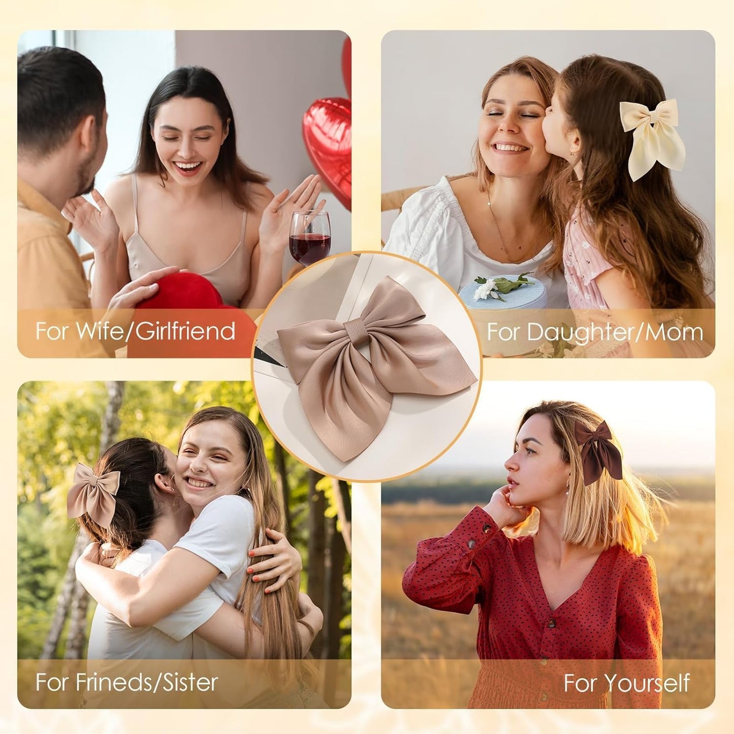 6Pcs Hair Bows for Women, Bow Hair Clips, Silky Satin Hair Bows for Girls, Neutral Colors Hair Ribbon, Cute Bow Clips for Women, Hair Accessories Gifts