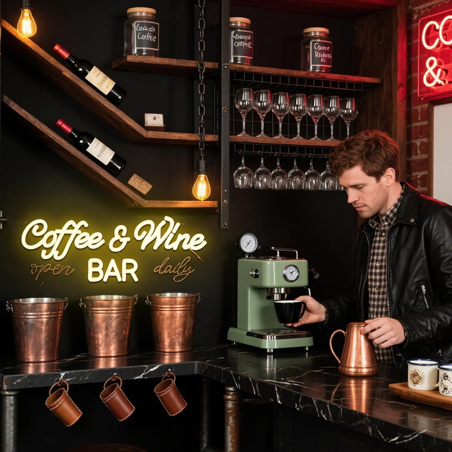 Coffee & Wine Neon Sign for Wall Decor Dimmable 16.54" x 6.54" Led Sign for Home Bar USB Powered Neon Light for Wine Cellar Cafe Farmhouse Kitchen Pub Dining Room Shop Party Decoration