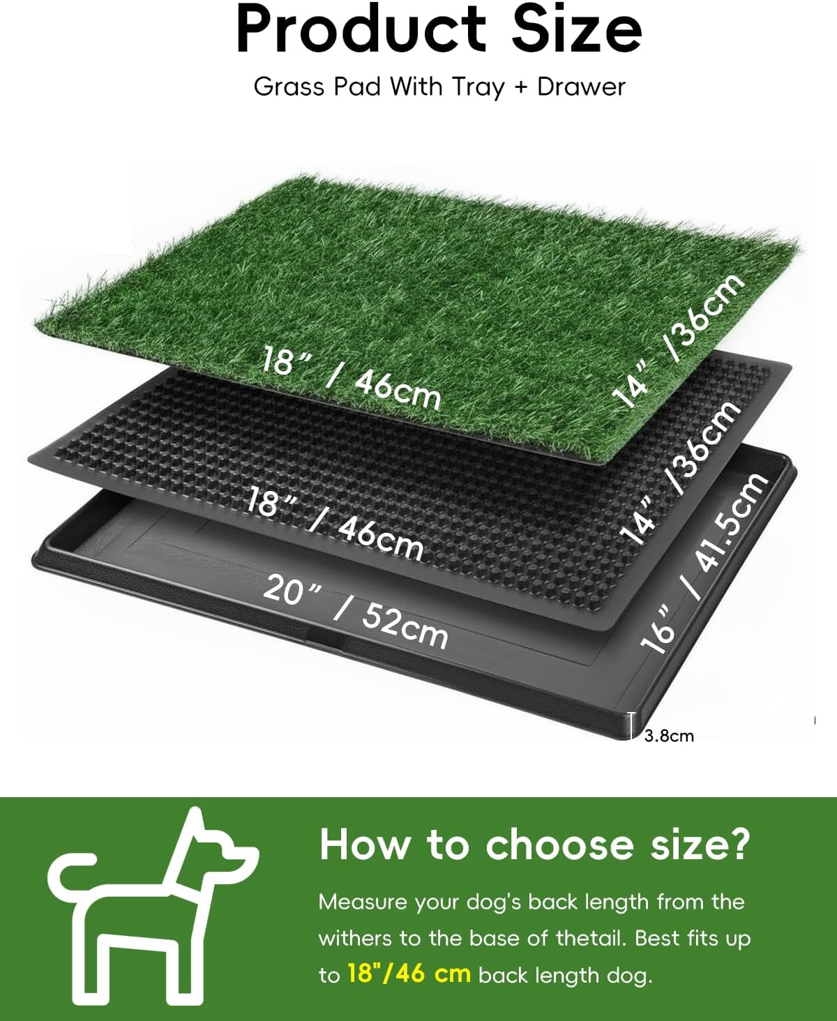 Artificial Grass Dog Potty with Tray 16"x20", Reusable Puppy Training Pad with 3-Layer Drainage System, Indoor Outdoor Pet Toilet for Small Dogs & Puppies