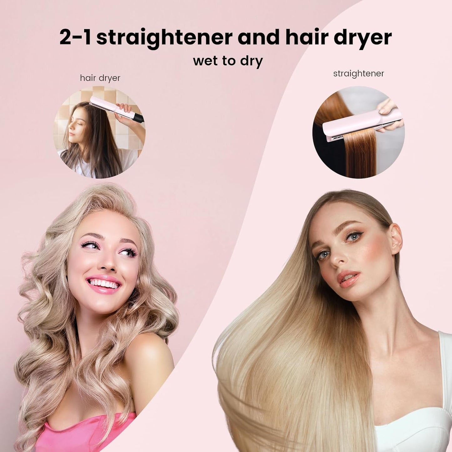 Slopehill 2-in-1 Hair Straightener and Blow Dryer, Professional Hair Styling Tool, Pink