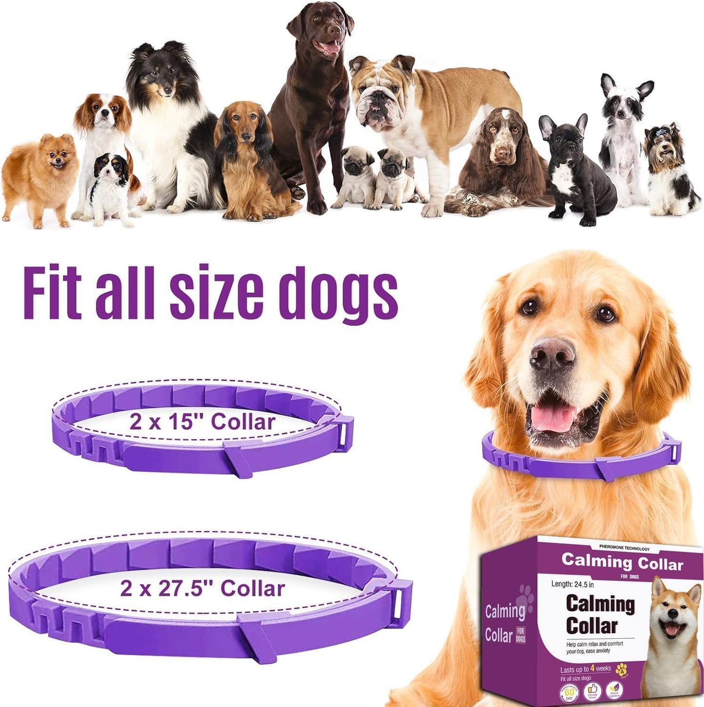 Calming Collar for Dogs 4 Packs, Dog Pheromone Calm Collars Relief Anxiety Stress Separation Lasts 60 Days, Calm Pheromone Collars 25 Inches Size Flexible Adjustable for All Dog (Pruple)