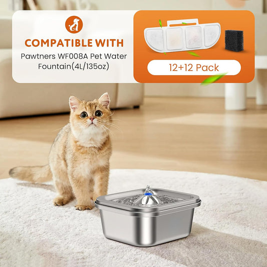 12 Pack Replacement Filters Compatible with Pawtners WF008A Pet Cat Dog Water Fountain (4L/135oz), Refill Filters with 12 Sponges