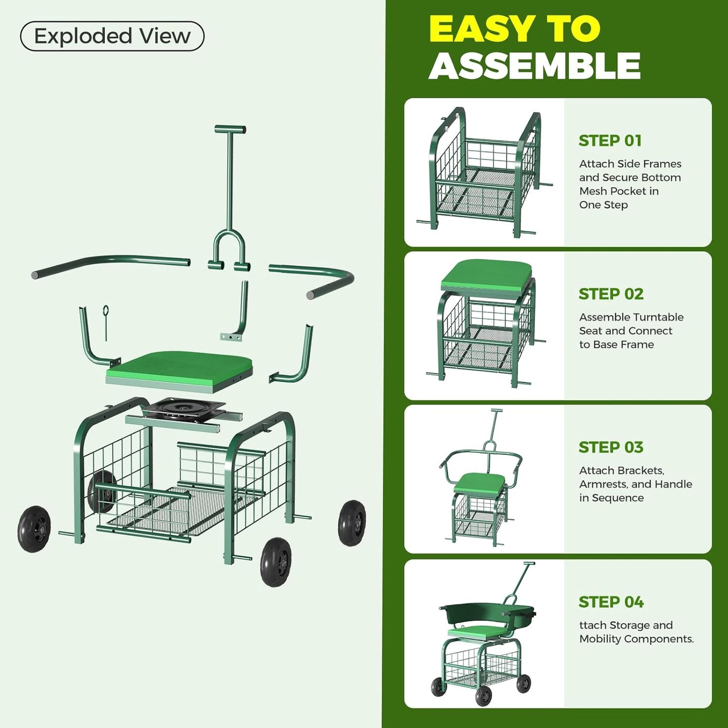 Suntee Garden Seat with Wheels, Rolling Gardening Stool with 360Β° Swivel Seat & Backrest,Tool Storage Basket & Back Tool Pouch, Adjustable Handle, Outdoor Gardening Scooter, Garden Cart for Seniors