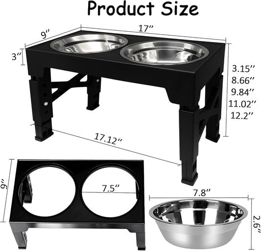 Elevated Dog Bowl Stand, Black, Adjustable Height, Double Stainless Steel Bowls,