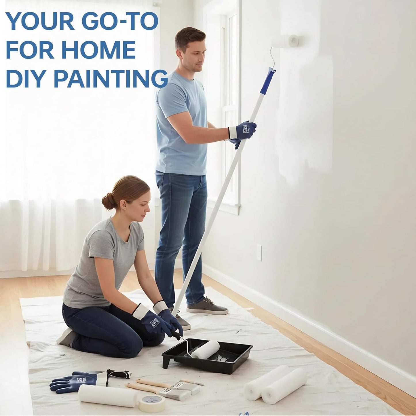 Paint Roller Kit with Long Paint Roller Extension Pole,9 inch & 4 inch Paint Roller Covers,Supplies for Painting Walls,Superabsorbent Paint Roller Set for Painting Home Interior