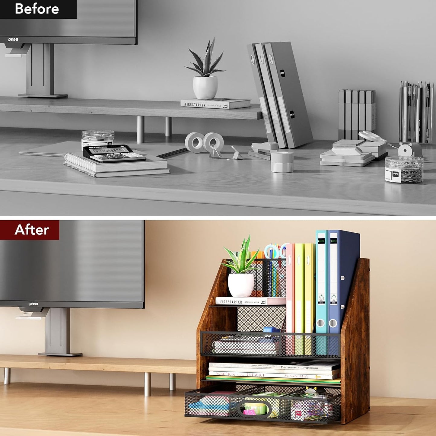 Wooden Desk Organizer - Mesh File Organizer with Drawers and Pen Holder - 4-Tier Vertical Paper Letter Storage Tray, Desktop Organizers and Accessories for Home Office