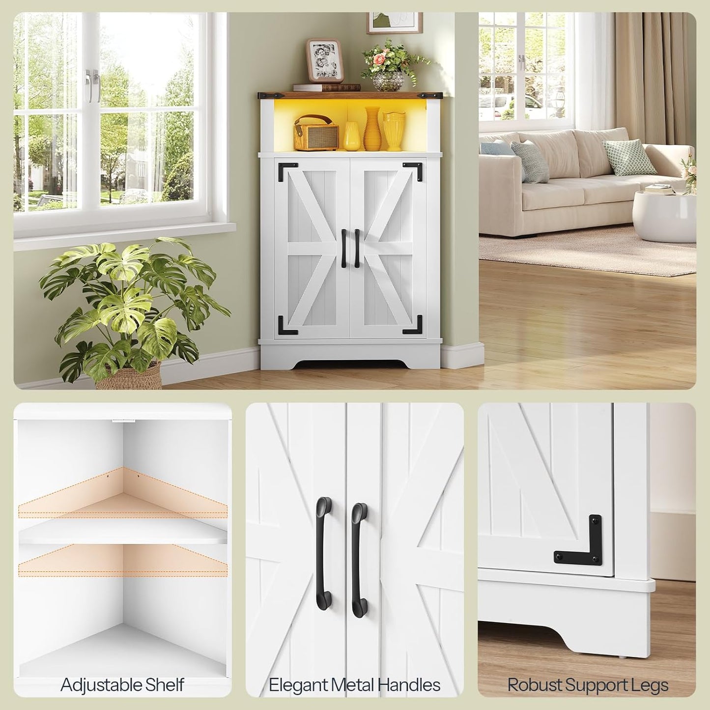 HOOBRO Farmhouse Corner Cabinet, Small Corner Storage Cabinet with Lights, Wooden Corner Cabinet with Doors and Adjustable Shelves, for Bathroom, Living Room, Kitchen, White and Walnut WH119DCJ01