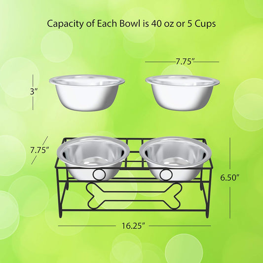 Set of 2 Stainless Steel Dog Bowls - 40oz Pet Bowls with Decorative Dog Food Stand - Metal Food and Water Dishes for Large Pets - Puppy Essentials by PETMAKER (Silver/Black)