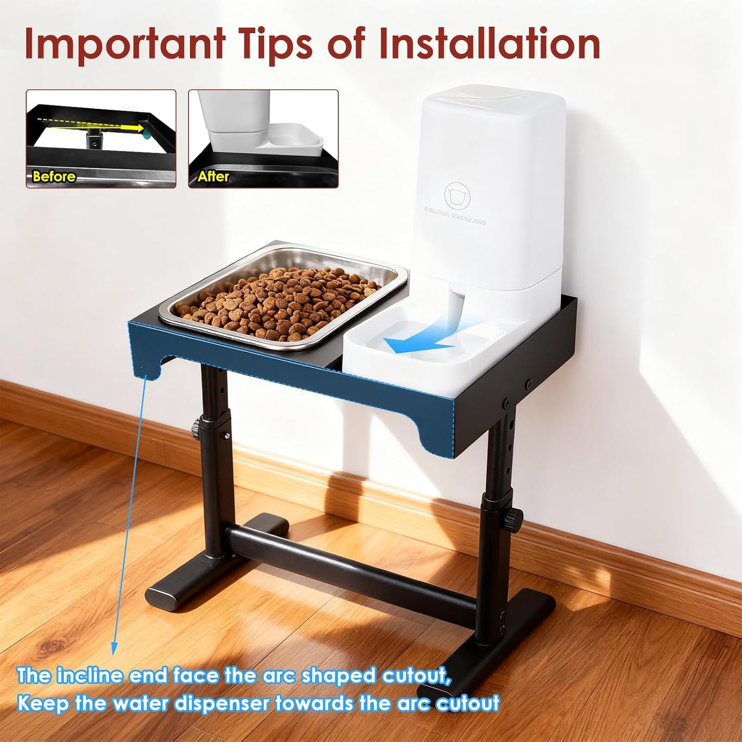 Elevated Dog Bowls with Water Dispenser and 304 Stainless Steel Bowl, Adjustable to 6 Heights, 2.75" to 14.6", Raised Dog Food Bowls for Small, Medium & Large Sized Dogs, Tilted Angle