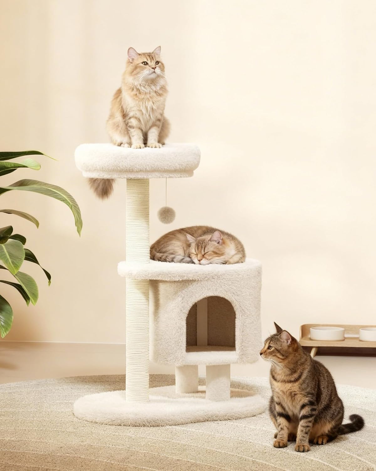 Cat Tree, 34.3 Inches Cat Tower with Scratching Post, Condo, Interactive Hanging Ball, Plush Perch for Indoor Large Cats, Beige