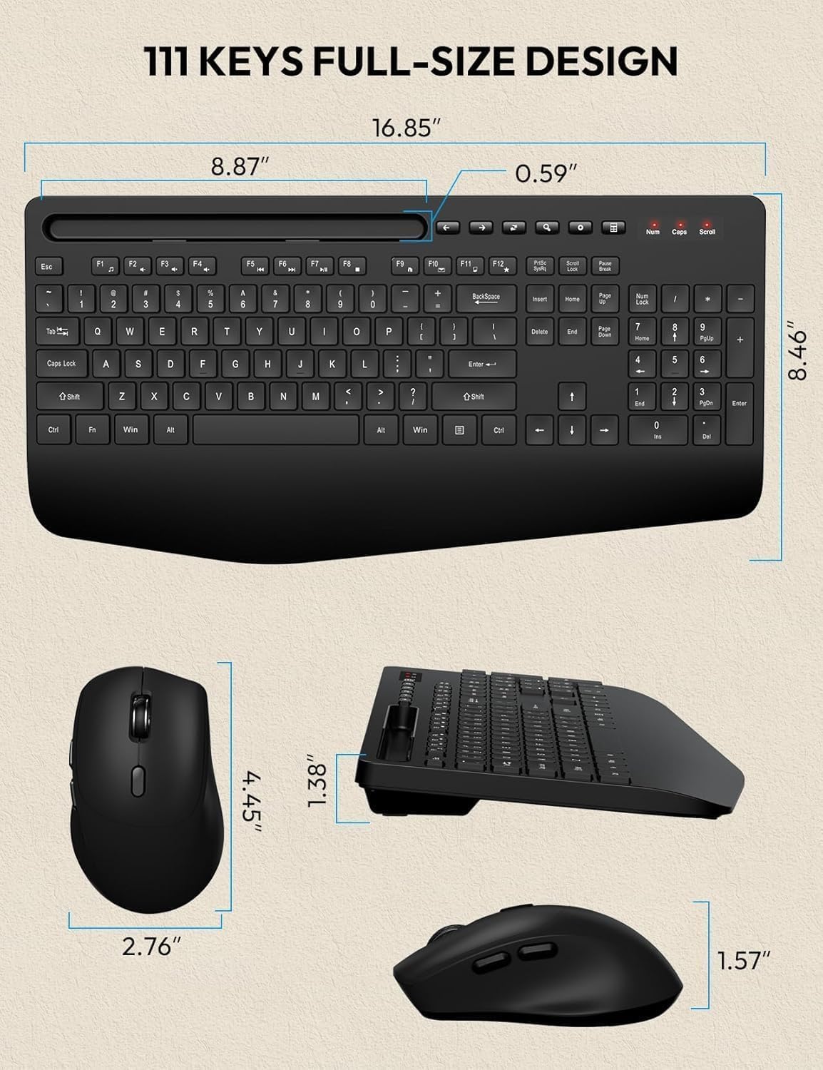 Wireless Keyboard and Mouse Combo - Full Size Ergonomic Wrist Rest, Silent Typing, Phone Holder, 2.4 GHz, 3 Level DPI, Batteries Powered, KM23D Set Compatible with PC, Laptop, Windows, macOS -SABLUTE
