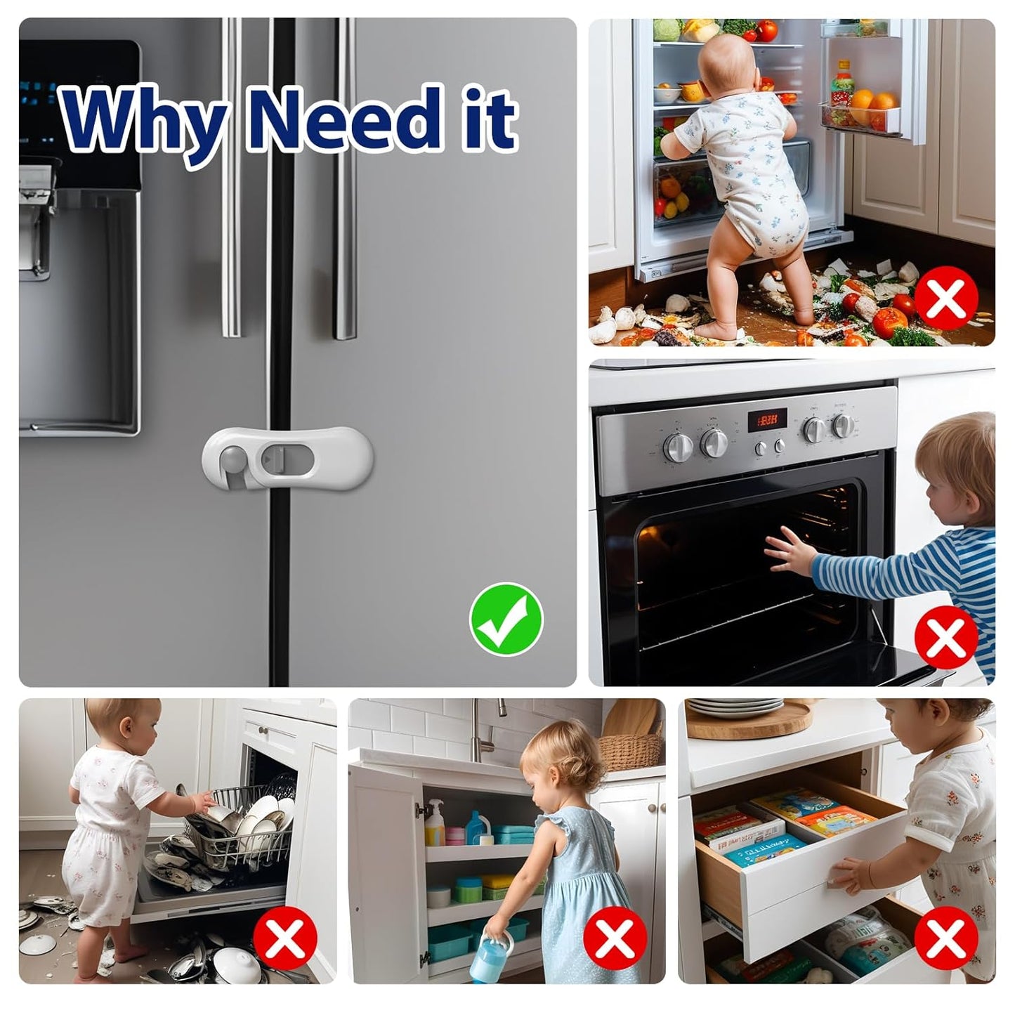 5-Pack Child Proof Refrigerator Lock with 3M Adhesive, Baby Child Safety Cabinet Locks, Kids Safety Fridge Locks for Oven Drawers Freezer Door Latches- White