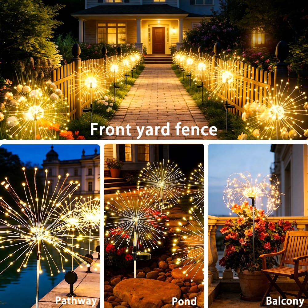 Solar Fireworks Lights for Outside, 150LED 8 Modes Fireworks Solar Lights Outdoor, Fairy Garden Flowers for Yard Pathway Wedding Party Christmas Diwali Garden Decor 2Pack (Warm White)