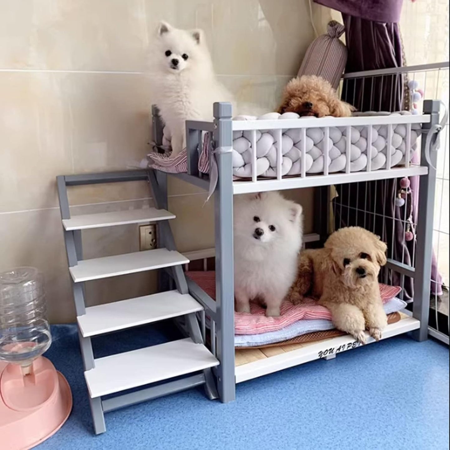 Dog Bed Double-Layer Wooden Dog Bed Elevated Pet Bed Frame Double Dog Bed Pet Sofa with Steps Dogs Stairs Suitable for Cats and Small Dogs for Dogs Pet Cat (A)