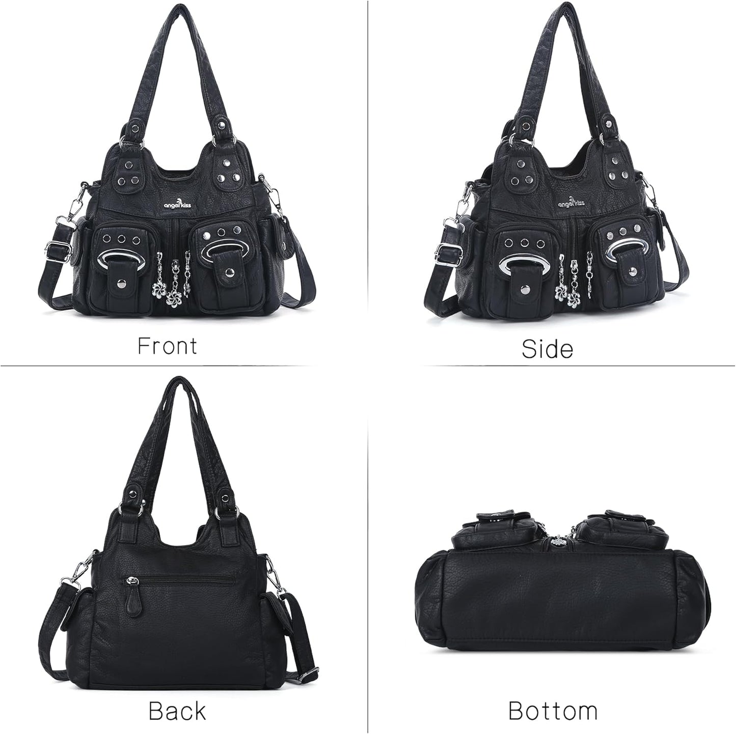 Angel Kiss Small Hobo Purses for Women, Washed Vegan Leather Multi-Pocket Purse, Shoulder Handbag with Adjustable Strap