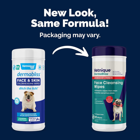 Vetnique Dermabliss Dog Face Wipes - Medicated Chlorhexidine Wipes for Dogs with Wrinkles, French Bulldog, English Bulldog Dog Grooming Wipes Cleaning & Deodorizing Dog Wipes
