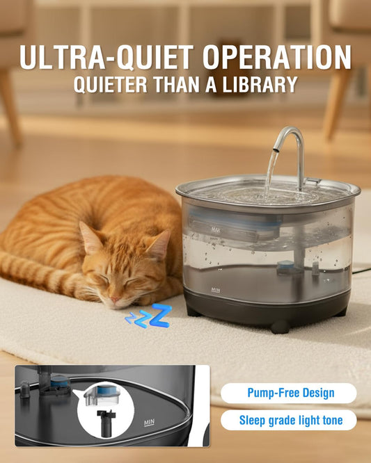 Cat Water Fountain, 3L/101oz Stainless Steel Pet Fountain, Ultra-Quiet Automatic Water Dispenser with Filter, Low Water Alert & Easy Clean for Cats, Small Dogs