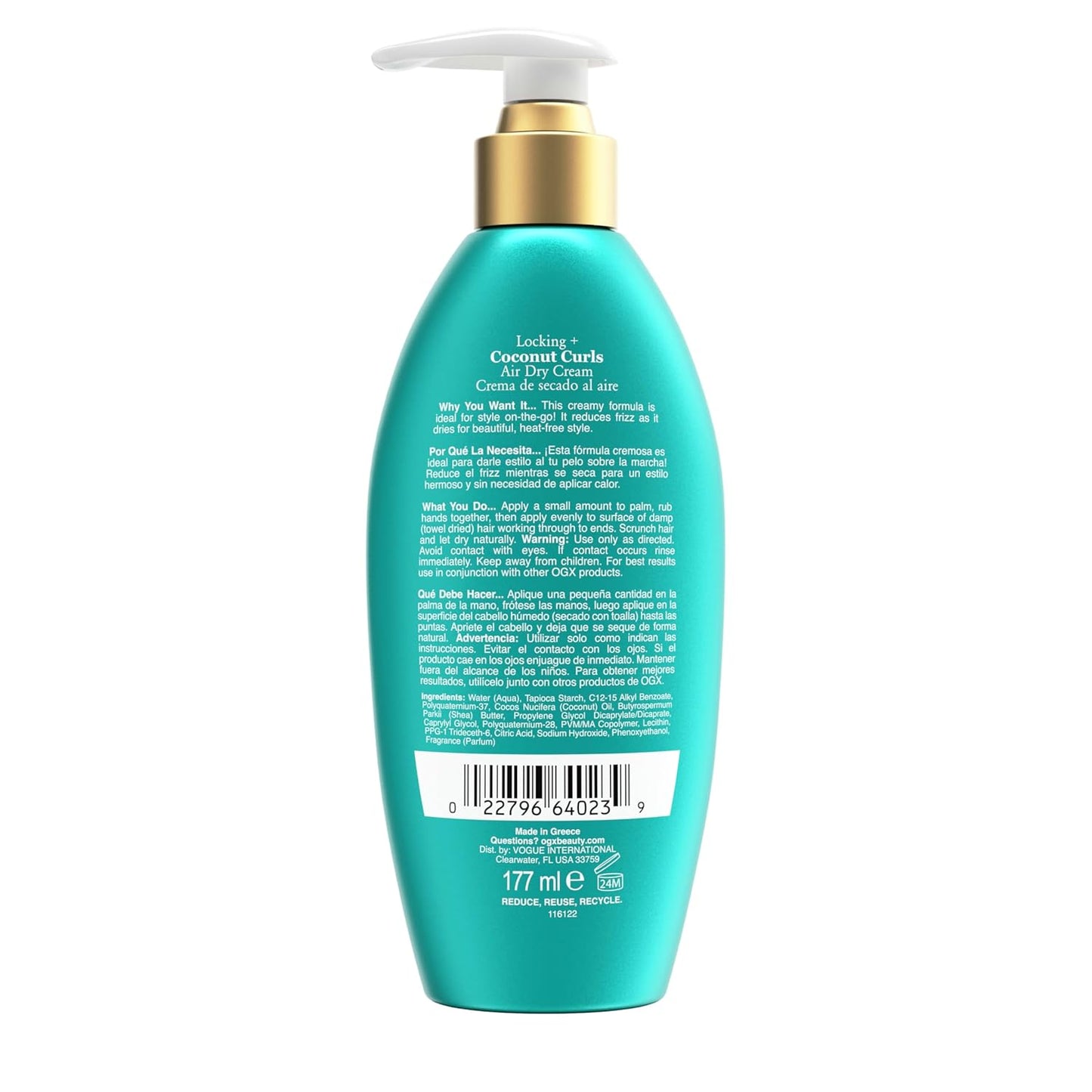 OGX Locking + Coconut Curls Air Dry Cream, No Parabens, 6 oz