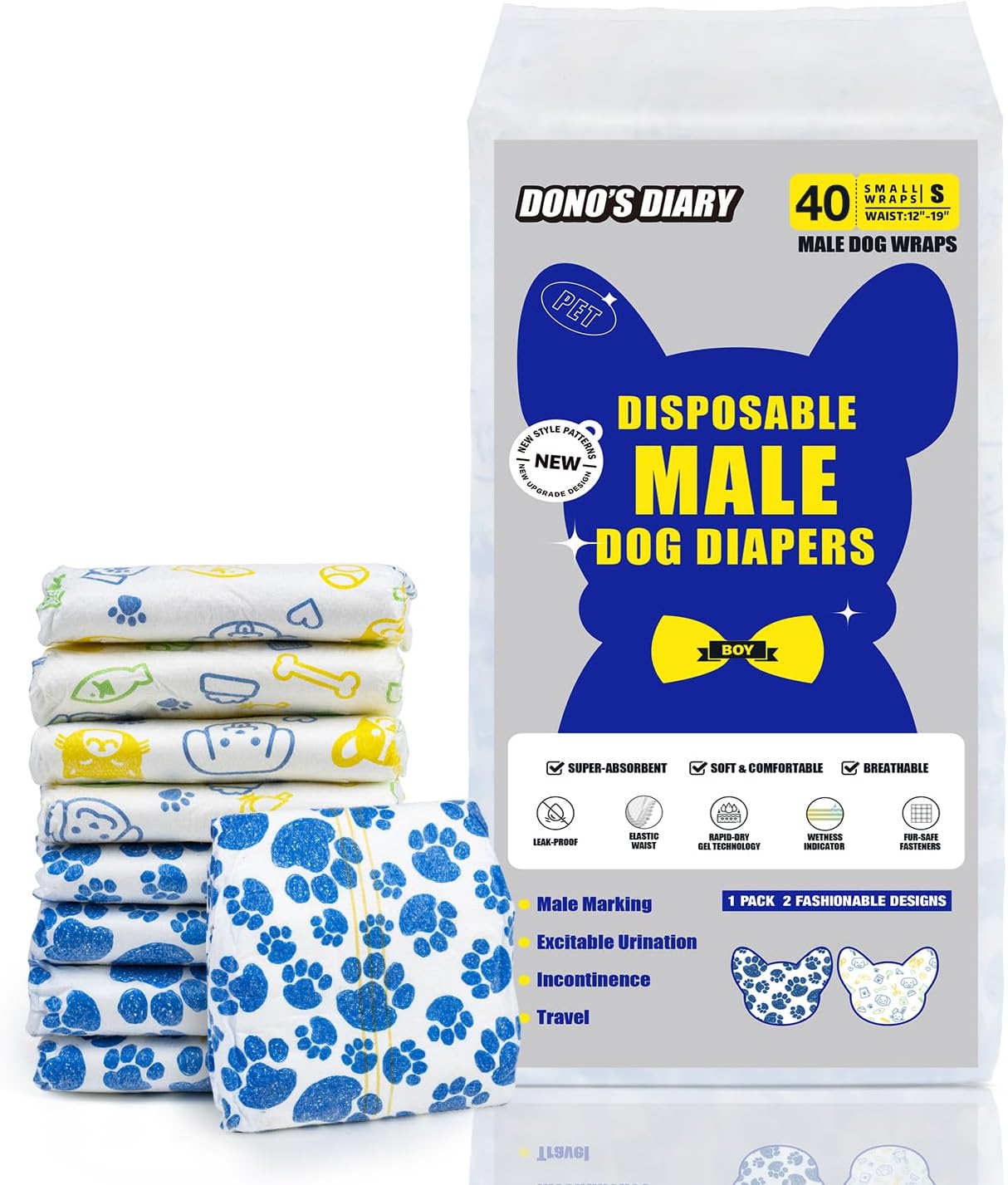 Dono Dog Diapers Male, Disposable Male Dog Wraps with Wetness Indicator, Leak-Proof Dog Belly Wraps, Rapid-Dry Gel Technology Doggie Puppy Diapers for Excitable Urination Incontinence, Small 60ct