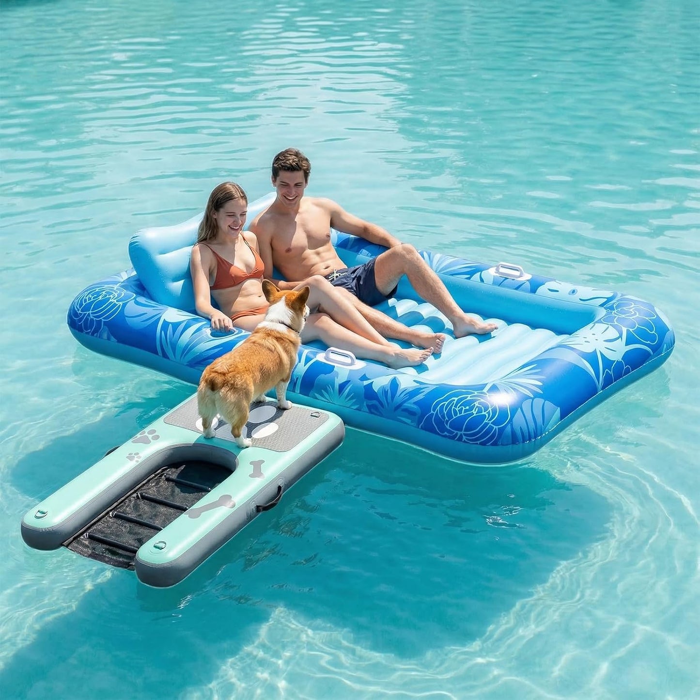 SOLAVERO Dog Water Ramp for Pool, Boat & Lake, Inflatable Dog Dock Pup Plank Pool Ladder Up to 200 lbs, Safe & Easy Access Floating Ramp Steps for Pets with Anti-Slip EVA, Green