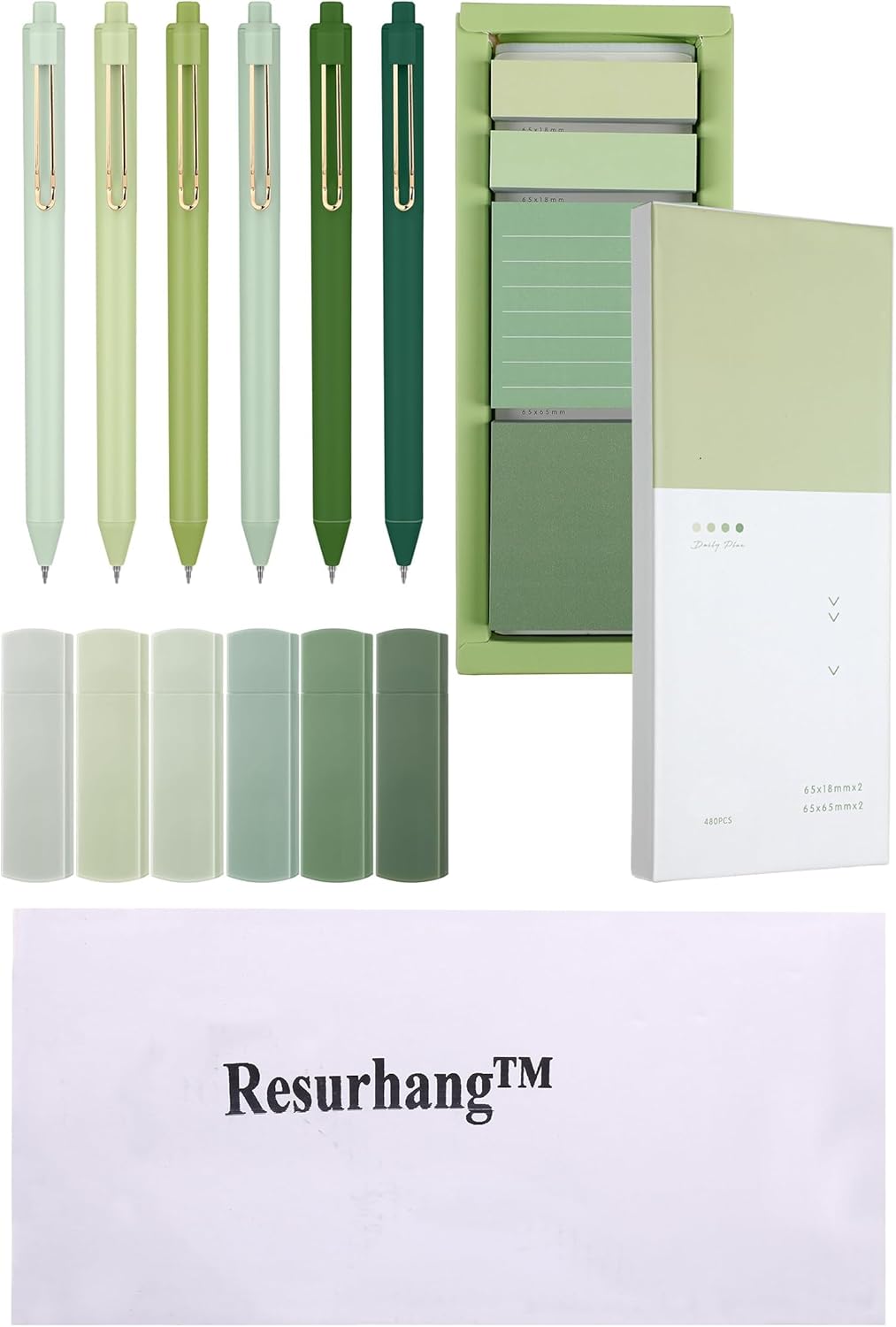 Aesthetic Stationery Set Supplies Sticky Notes Set 6 Mini Correction Tapes 6 Retractable Black Ink Pens 0.5mm Fine Point Paper Corrective Pen Self Stick Index Tabs(Green)