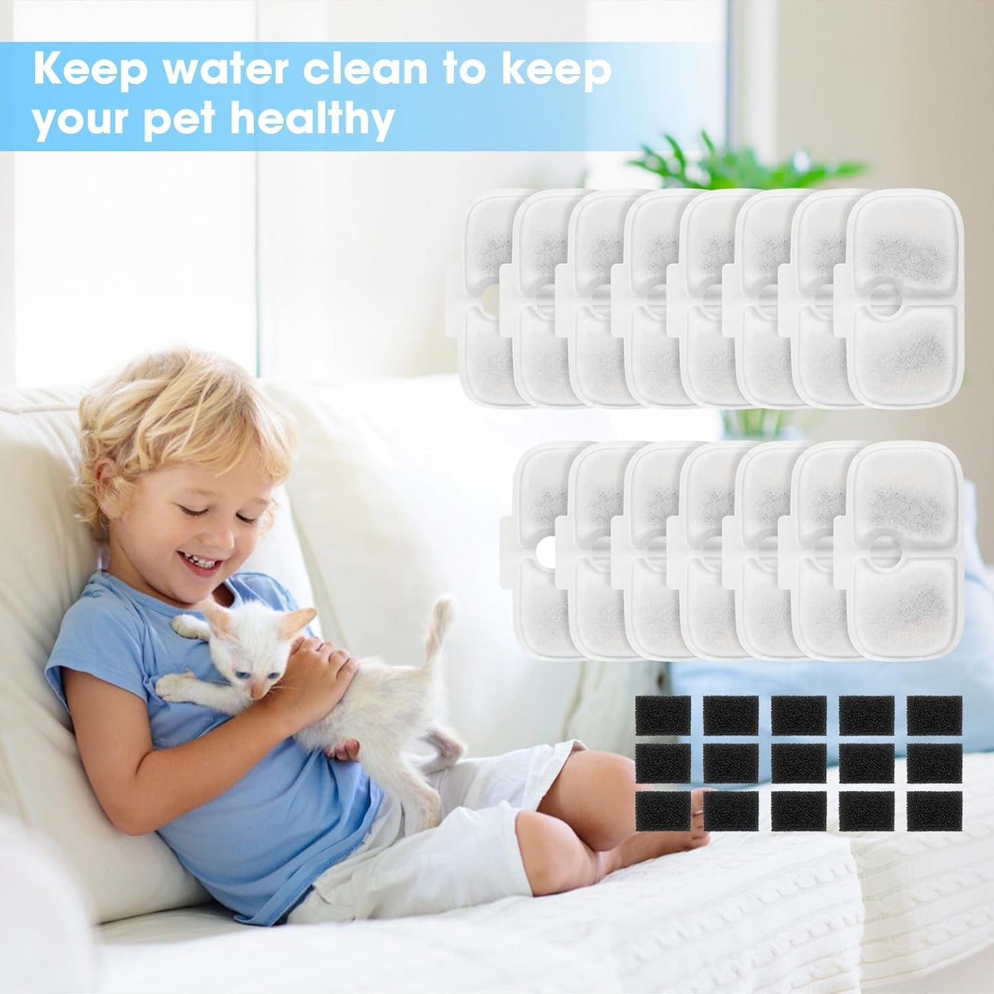 15+15 Pack Cat Water Fountain Filters, Pet Water Fountain Filters Replacement for Dog/Cat Stainless Steel Fountain PLWF005/PLWF115/PLWF105, 7 Months Set to Keep Drinking Fresh