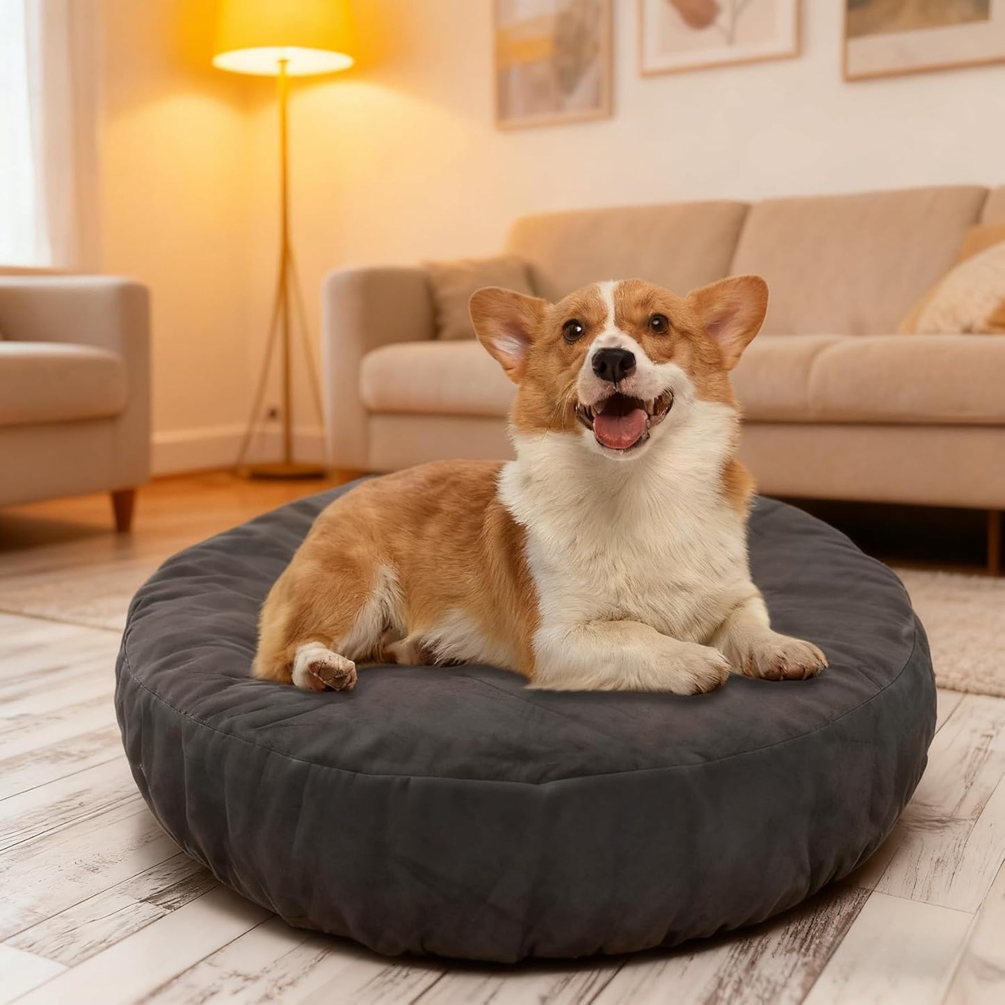 Klmnop Washable Round Dog Bed Cover, 30x30x9.5 Inch Waterproof Replacement Cover with Soft Plush Fabric, Fits Most Round & Donut Dog Beds(Grey)