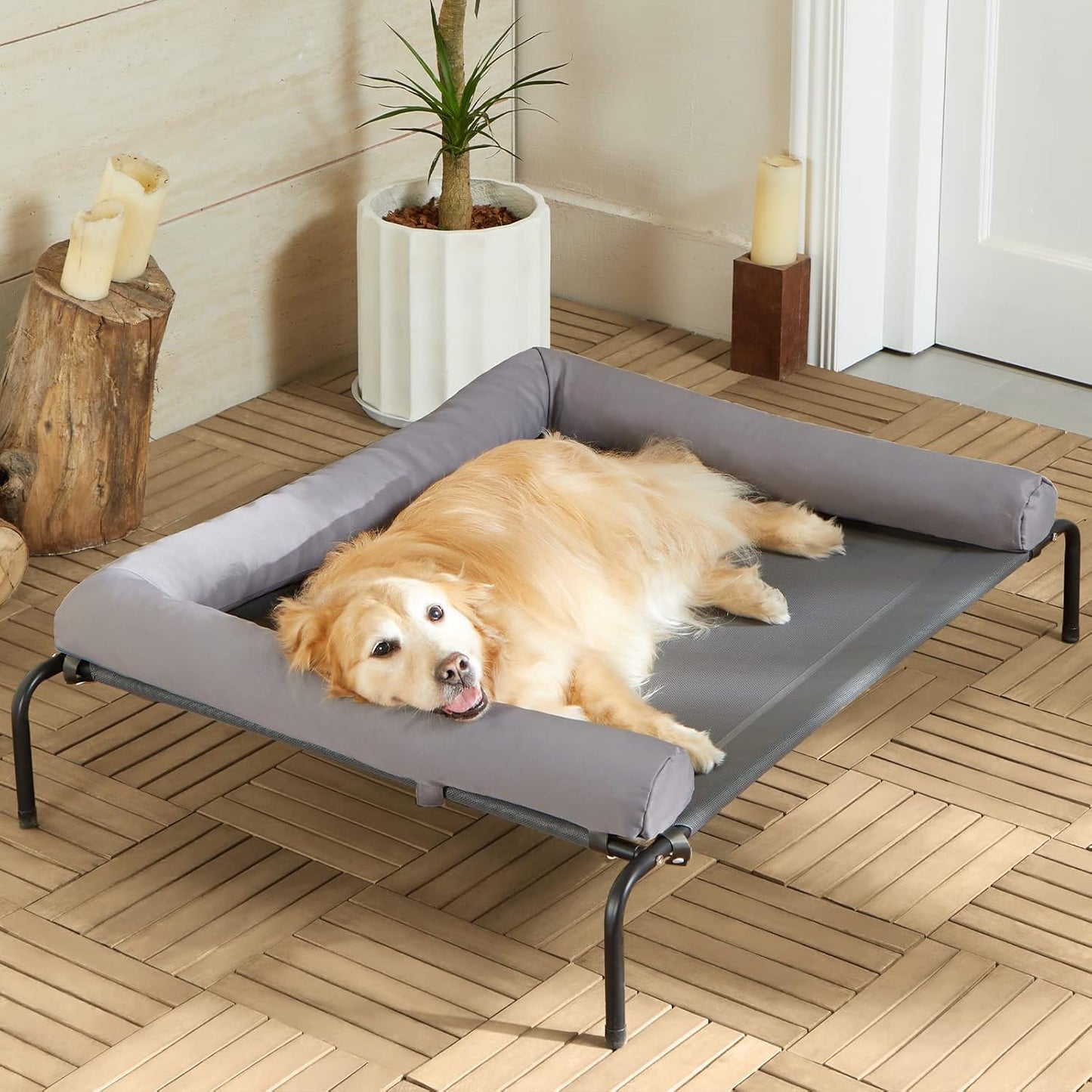 Cooling Elevated Dog Bed for Large Dogs – Waterproof Raised Dog Cot with Slope Headrest, Breathable Teslin Mesh, Durable & Portable Pet Bed for Indoor and Outdoor Use, Grey