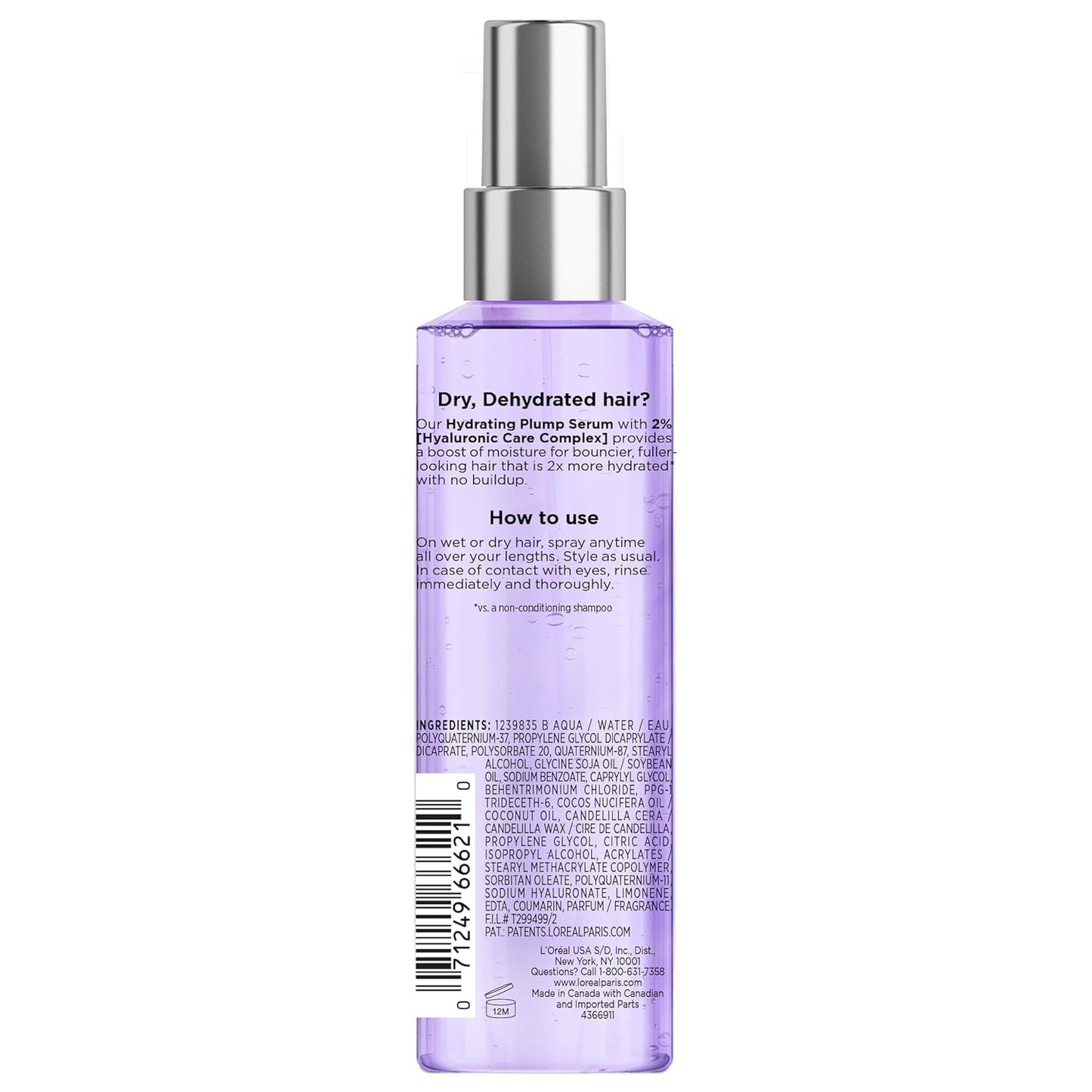 L'Oreal Paris Elvive Hyaluron Plump Moisture Plump Hair Serum for Dehydrated, Dry Hair with Hyaluronic Acid Care Complex, Paraben-Free, 4.4 Fl Oz