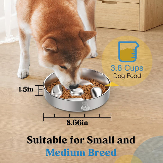 Slow Feeder Dog Bowls, 304 Stainless Steel Dog Slow Feeder Bowl 3.8 Cups Metal Dog Food Bowl with Non-Slip Bottom Shallow Slow Eating Dog Bowl for Small & Medium Breed Stop Bloat, Dishwasher Safe