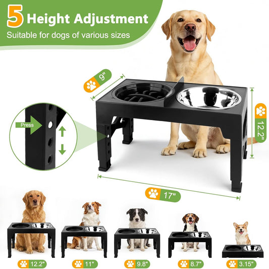 MECHEER 4-in-1 Dog Bowl Elevated Stand with Slow Feeder & Spill-Proof Water Bowl, 5-Height Adjustable Raised Dog Bowl for Large, Medium, and Small Dogs, Non-Slip Base Dog Feeding Station